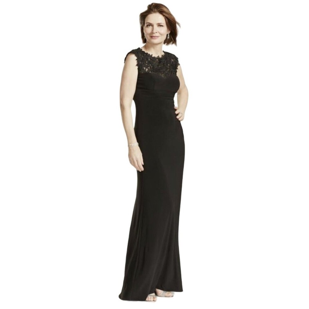 XSCAPE Cap Sleeve Jersey Dress in Black Lace Illusion Yoke Side Ruching Size 6